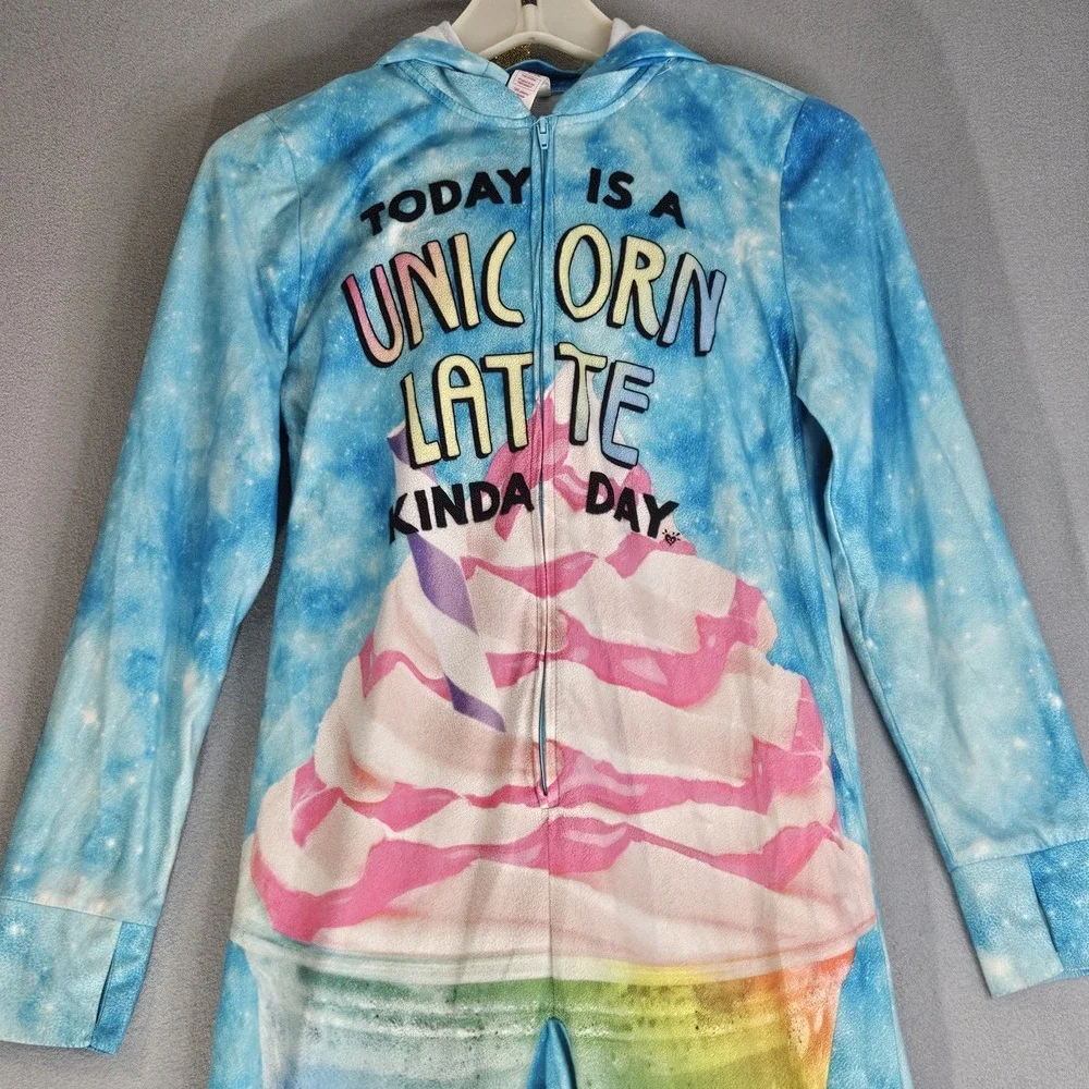 Girls Justice One-piece Rainbow Pajama  Unicorn Latte Size 12 Hooded